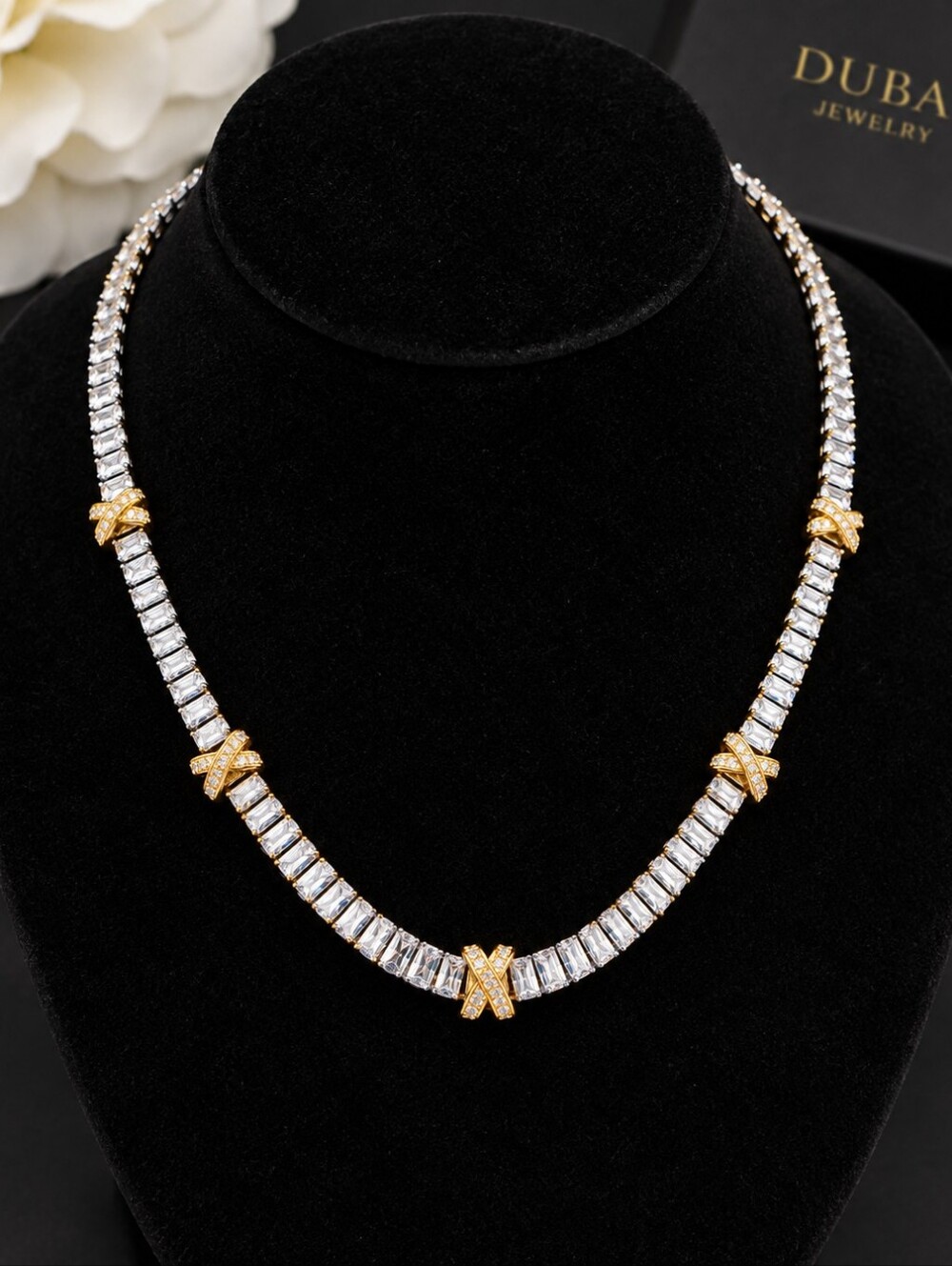 22K Gold Plate Dubai Jewelry Elegant Two-Tone Crystal Necklace with Gold Accents